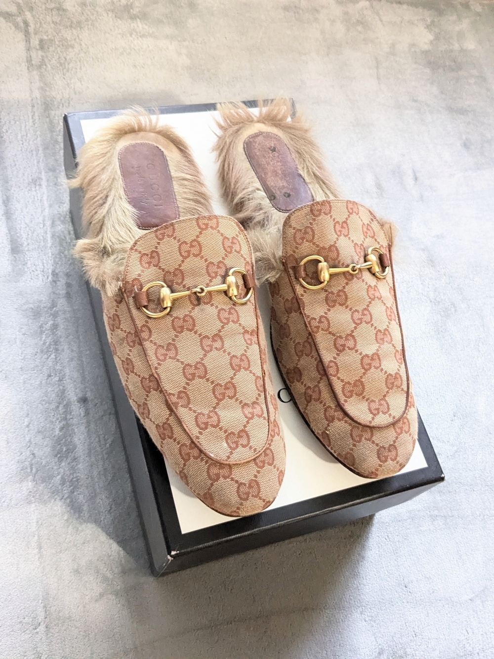 Gucci Beige GG Canvas Fur-Lined Horsebit Mules Men's 11.5 Monogram Logo